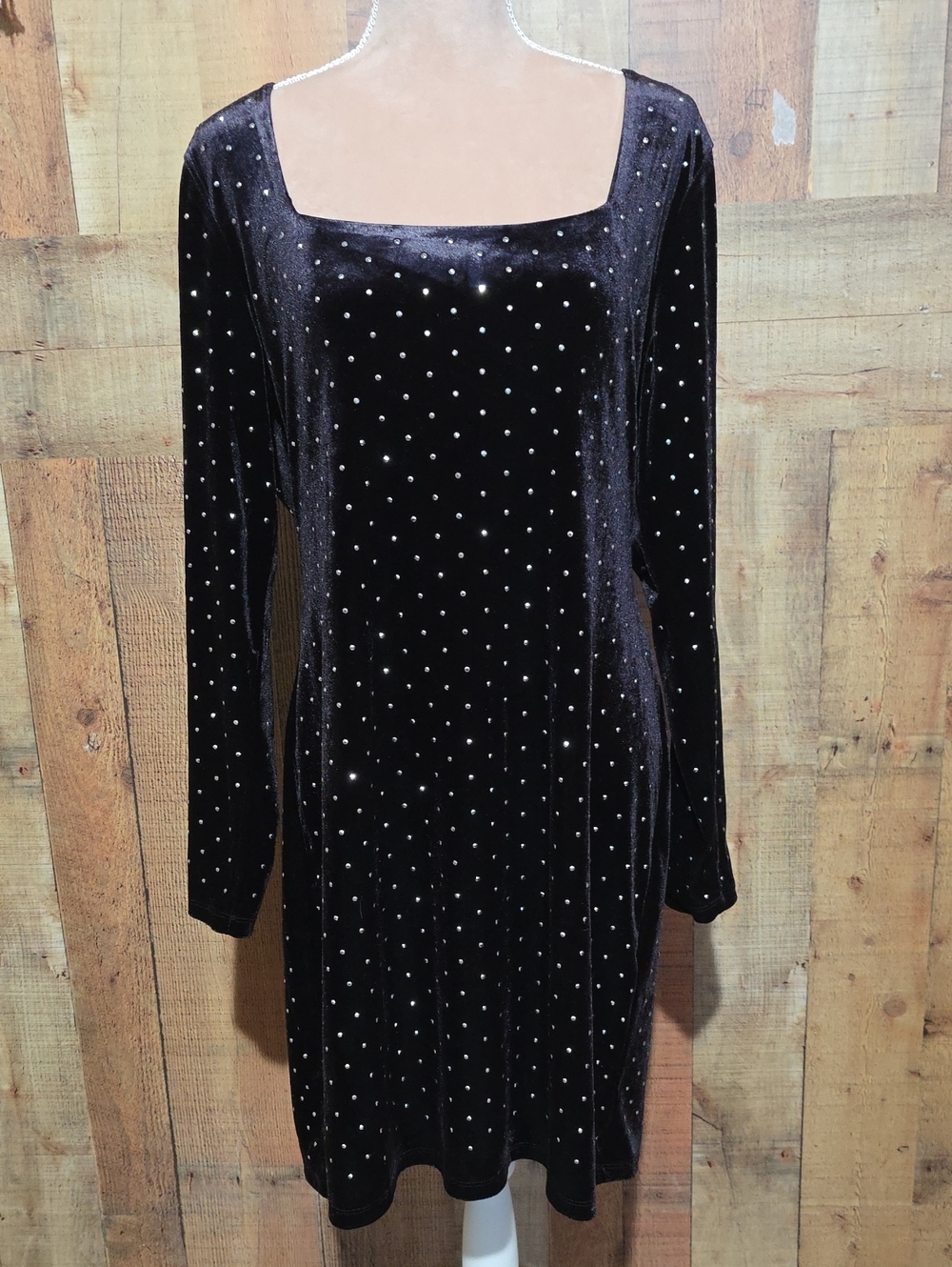 H&M Black Velvet Long-Sleeve Square-Neck Dress with Studded Detail